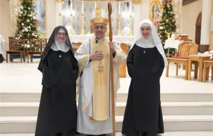 Mother Chiara Thérèse and Sister Lucia Rose of Servants of the Children of the Light after the ceremony with Bishop David Kagan of the Diocese of Bismarck, North Dakota. Credit: Deborah Kates Photography