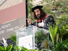 "The Chosen" actor Jonathan Roumie gives the commencement speech at the Catholic University of America on Saturday, May 11, 2024.