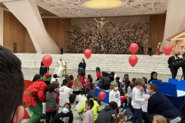 Pope Francis celebrates his birthday with children helped by the Vatican's Santa Marta Pediatric Dispensary on Dec. 19, 2021