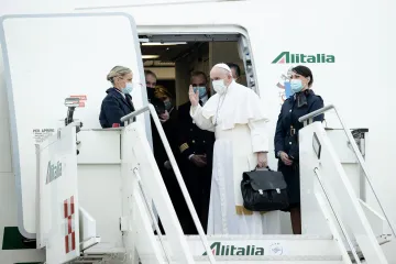 Pope Francis boards the papal plane before a visit to Iraq March 5, 2021.