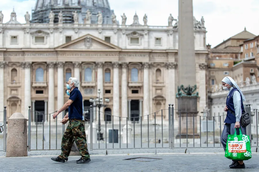 People wearing face coverings walk past St. Peter’s Basilica.?w=200&h=150