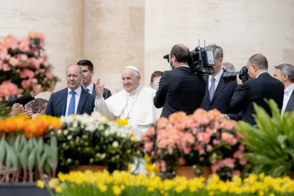 Pope Francis at the general audience in St. Peter's Square on April 20, 2022. Daniel Ibanez/CNA