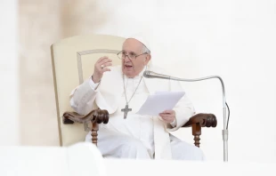 Pope Francis speaks at the general audience in St. Peter's Square on May 4, 2022. Daniel Ibanez/CNA