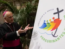 Archbishop Rino Fisichella, pro-prefect of the Dicastery for Evangelization, presents the logo for the 2025 Jubilee Year, June 28, 2022.