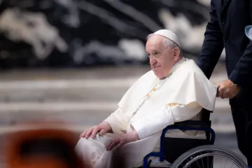 Pope Francis in a wheelchair at a Mass for Rome’s Congolese community on July 3, 2022.