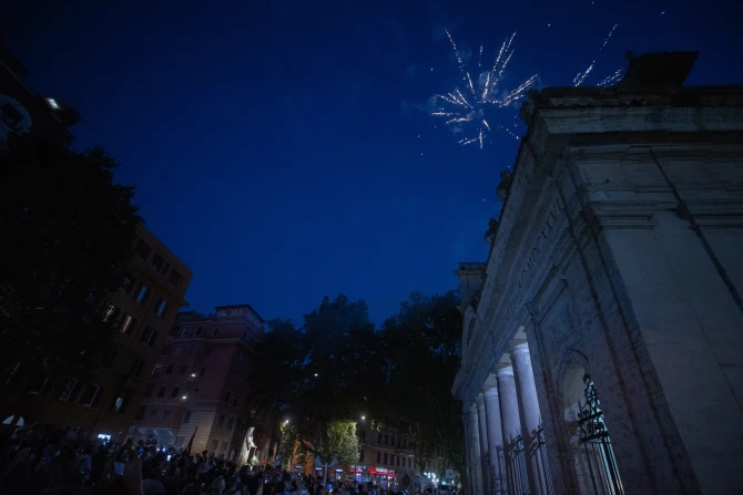 Fireworks as the statue of Our Lady of Mount Carmel arrives back in Rome’s Trastevere neighborhood on July 24, 2022.