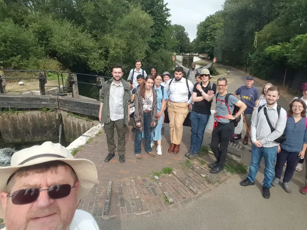 Pilgrims walking in England near the canal in Hanwell on the way to Beaconsfield, during a July 30, 2022, G.K. Chesterton pilgrimage. Photo courtesy of Catholic GKC Society
