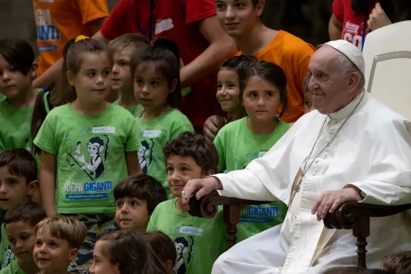 Pope Francis with children taking part in the Vatican City summer camp on Aug. 3, 2022. Daniel Ibanez/CNA