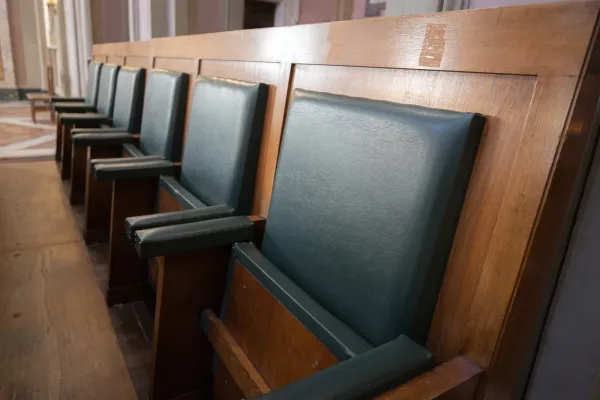 A close-up of a few of the 24 seats from the Second Vatican Council preserved in the Church of Saints Michael and Magnus in Rome. Credit: Daniel Ibanez/CNA.