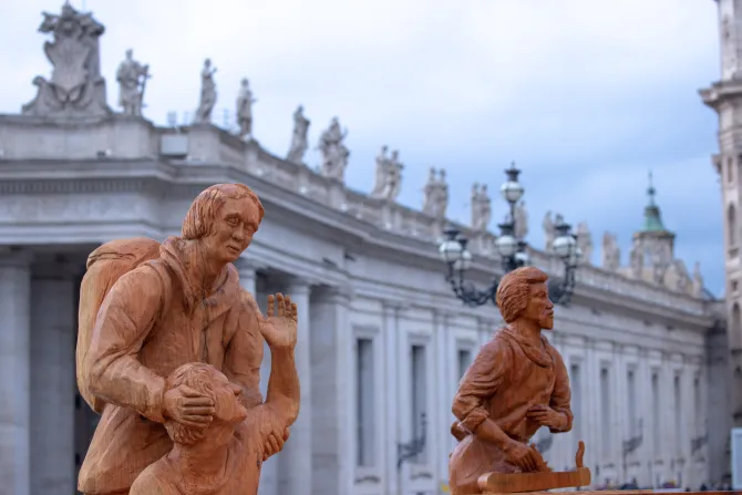 A large hand-carved wooden nativity scene was unveiled in St. Peter Square on Dec. 3, 2022.