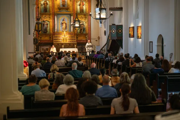 Catholics and others gather for a special ceremony led by Archbishop Jose Gomez of Los Angeles for June 27, 2023, reopening of Mission San Gabriel after devastating arson. Photo courtesy of Mission San Gabriel