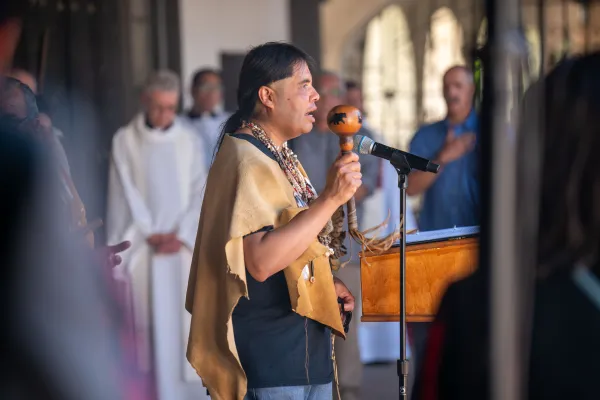 Members of the Gabrieleño Tongva San Gabriel Band of Mission Indians sang traditional welcome songs at a reopening ceremony of Mission San Gabriel, June 27, 2023. Photo courtesy of Mission San Gabriel