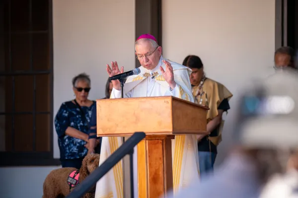 Archbishop Jose Gomez of Los Angeles at a June 27, 2023, ceremony attended by area Catholics and others blessed the renovated mission more than 250 years after its founding by the Spanish priest St. Junipero Serra. Photo courtesy of Mission San Gabriel