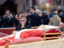 The mortal remains of Pope Emeritus Benedict XVI were moved early in the morning on Jan. 2, 2023, from his former residence in the Vatican's Mater Ecclesiae Monastery to St. Peter's Basilica, where the late pope is lying in state through Jan. 4. Thousands waited in line to pay their respects.