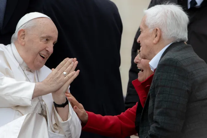 Pope Francis greets pilgrims in St. Peter’s Square on March 8, 2023.
