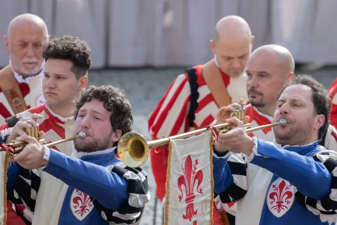 A traditional Florentine flag corps performed for the pope at the general audience on March 22, 2023.