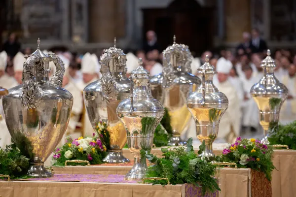 The oils to be blessed by Pope Francis at the chrism Mass on April 6, 2023, at St. Peter's Basilica. Credit: Daniel Ibañez/CNA