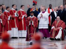 Pope Francis arrives at the Liturgy of the Lord’s Passion in St. Peter's Basilica on Good Friday on April 7, 2023.