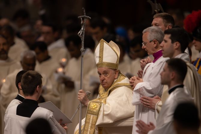 Pope Francis at the Easter Vigil Mass at the Vatican on April 8, 2023.
