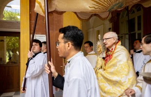 Cardinal James Michael Harvey presided over a eucharistic procession at the University of St. Thomas Aquinas, the Angelicum, in Rome on May 11, 2023. The 22nd edition of the annual procession was attended by about 130 students, faculty, and community members. Credit: Daniel Ibañez/CNA