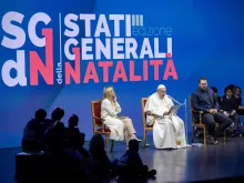 Pope Francis shared a stage with Italy's Prime Minister Giorgia Meloni on May 12, 2023, to speak at a two-day conference on “The General State of the Birth Rate,” held at Conciliazione Auditorium close to the Vatican.