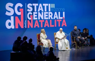 Pope Francis shared a stage with Italy's Prime Minister Giorgia Meloni on May 12, 2023, to speak at a two-day conference on “The General State of the Birth Rate,” held at Conciliazione Auditorium close to the Vatican. Daniel Ibanez/CNA