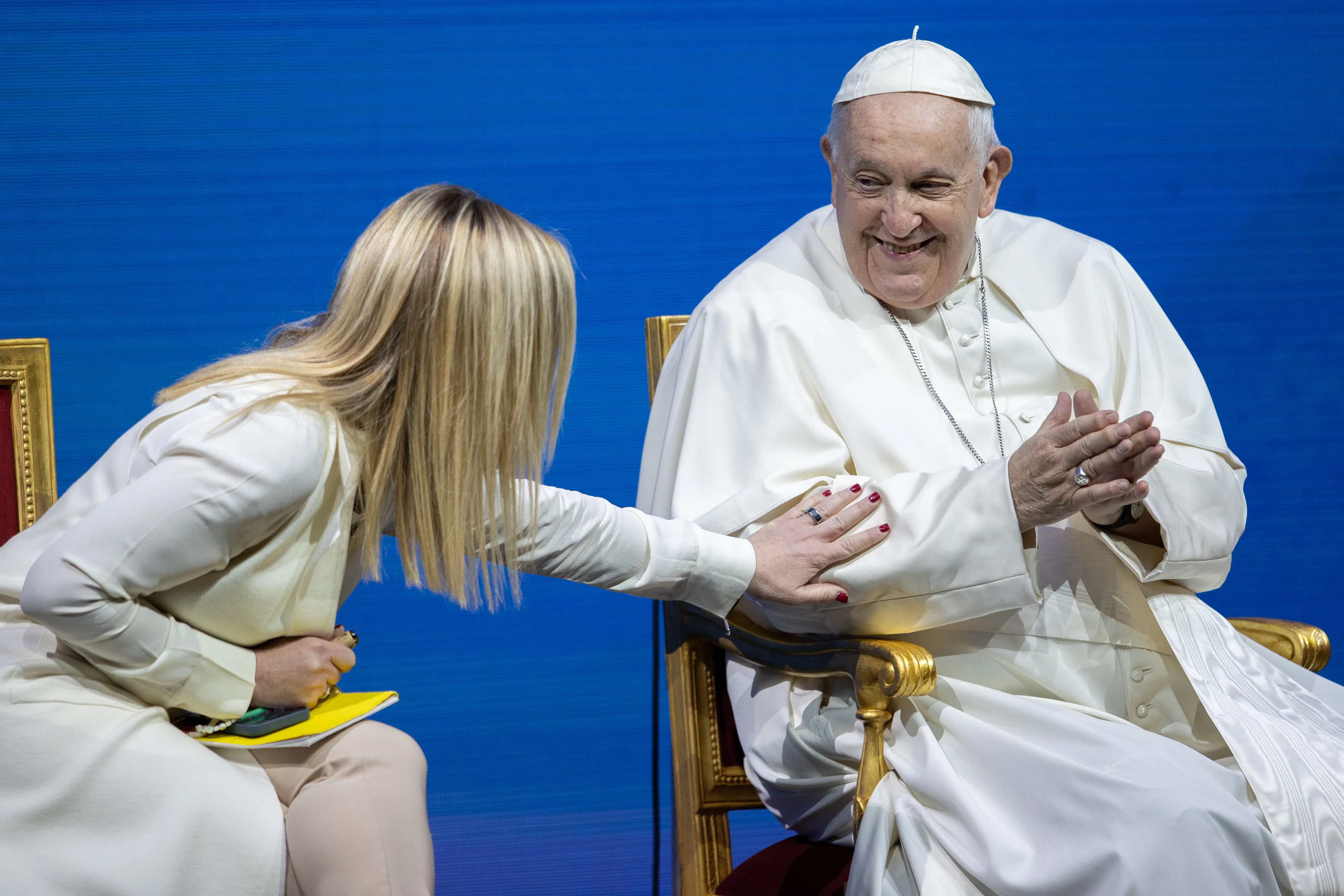 Pope Francis shared a stage with Italy's Prime Minister Giorgia Meloni on May 12, 2023, to speak at a two-day conference on “The General State of the Birth Rate,” held at Conciliazione Auditorium close to the Vatican.?w=200&h=150