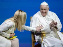 Pope Francis shared a stage with Italy's Prime Minister Giorgia Meloni on May 12, 2023, to speak at a two-day conference on “The General State of the Birth Rate,” held at Conciliazione Auditorium close to the Vatican.