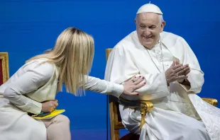 Pope Francis shared a stage with Italy's Prime Minister Giorgia Meloni on May 12, 2023, to speak at a two-day conference on “The General State of the Birth Rate,” held at Conciliazione Auditorium close to the Vatican. Credit: Daniel Ibanez/CNA