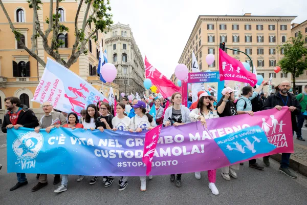 Members of an Italian pro-life and pro-family organization marched in the "Demonstration for Life" May 20, 2023, with a banner saying "There's life in the mother's womb. Let's care for it. #stopabortion". Daniel Ibanez/CNA