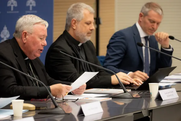 Cardinal Jean-Claude Hollerich, relator general of Synod on Synodality, speaks to the media on June 20, 2023, at the temporary headquarters of the Holy See Press Office in Vatican City. Daniel Ibáñez/CNA