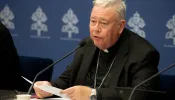 Cardinal Jean-Claude Hollerich, relator general of Synod on Synodality, speaks to the media on June 20, 2023, at the temporary headquarters of the Holy See Press Office in Vatican City.