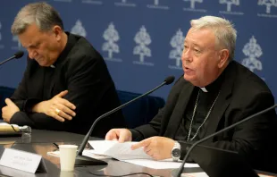 Cardinal Jean-Claude Hollerich (right), relator general of Synod on Synodality, speaks to the media on June 20, 2023, at the temporary headquarters of the Holy See Press Office in Vatican City. Beside him is Cardinal Mario Grech, the secretary general for the Synod of Bishops. Daniel Ibáñez/CNA