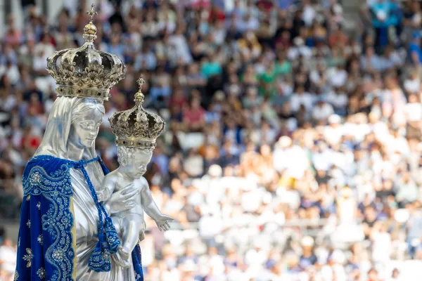 An image of Notre Dame de la Garde, or Our Lady of the Guard, was present in Vélodrome Stadium in Marseille, France, Sept. 23, 2023, for the celebration of Mass. Pope Francis celebrated Mass for an estimated 50,000 people at the end of his Sept. 22-23, 2023, visit to Marseille to speak at an ecumenical meeting of young people and bishops called the “Rencontres Mediterraneennes,” or Mediterranean Encounter. Daniel Ibanez/CNA