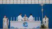 Pope Francis celebrates Mass for an estimated 50,000 people at the Vélodrome Stadium in Marseille, France, the last stop in his Sept. 22-23, 2023, visit to the port city to speak at an ecumenical meeting of young people and bishops called the “Rencontres Mediterraneennes,” or Mediterranean Encounter.
