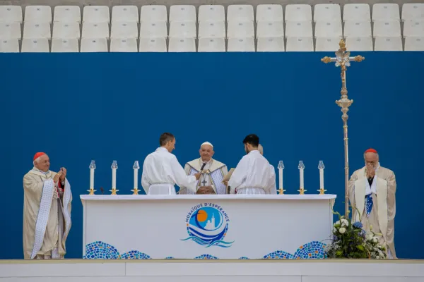 Pope Francis celebrates Mass for an estimated 50,000 people at the Vélodrome Stadium in Marseille, France, the last stop in his Sept. 22-23, 2023, visit to the port city to speak at an ecumenical meeting of young people and bishops called the “Rencontres Mediterraneennes,” or Mediterranean Encounter. Credit: Daniel Ibanez/CNA