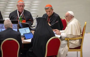 Pope Francis at the Synod on Synodality, Oct. 4, 2023. Credit: Daniel Ibáñez