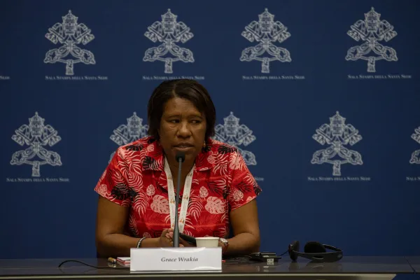 Grace Wrakia, a delegate from Papua New Guinea, addresses journalists at a Synod on Synodality press briefing Oct. 11, 2023. Credit: Daniel Ibañez/CNA