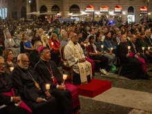 Cardinal Angelo De Donatis reflects on the glorious mysteries of the rosary during the Holy Land Peace Vigil on Oct. 15, 2023, in Rome.