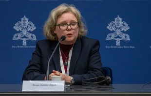 “As a woman, I’m not focused at all on the fact that I’m not a priest,” Renée Köhler-Ryan, one of 54 women delegates to the Synod on Synodality, said at a press briefing Oct. 17, 2023. Credit: Daniel Ibañez/CNA