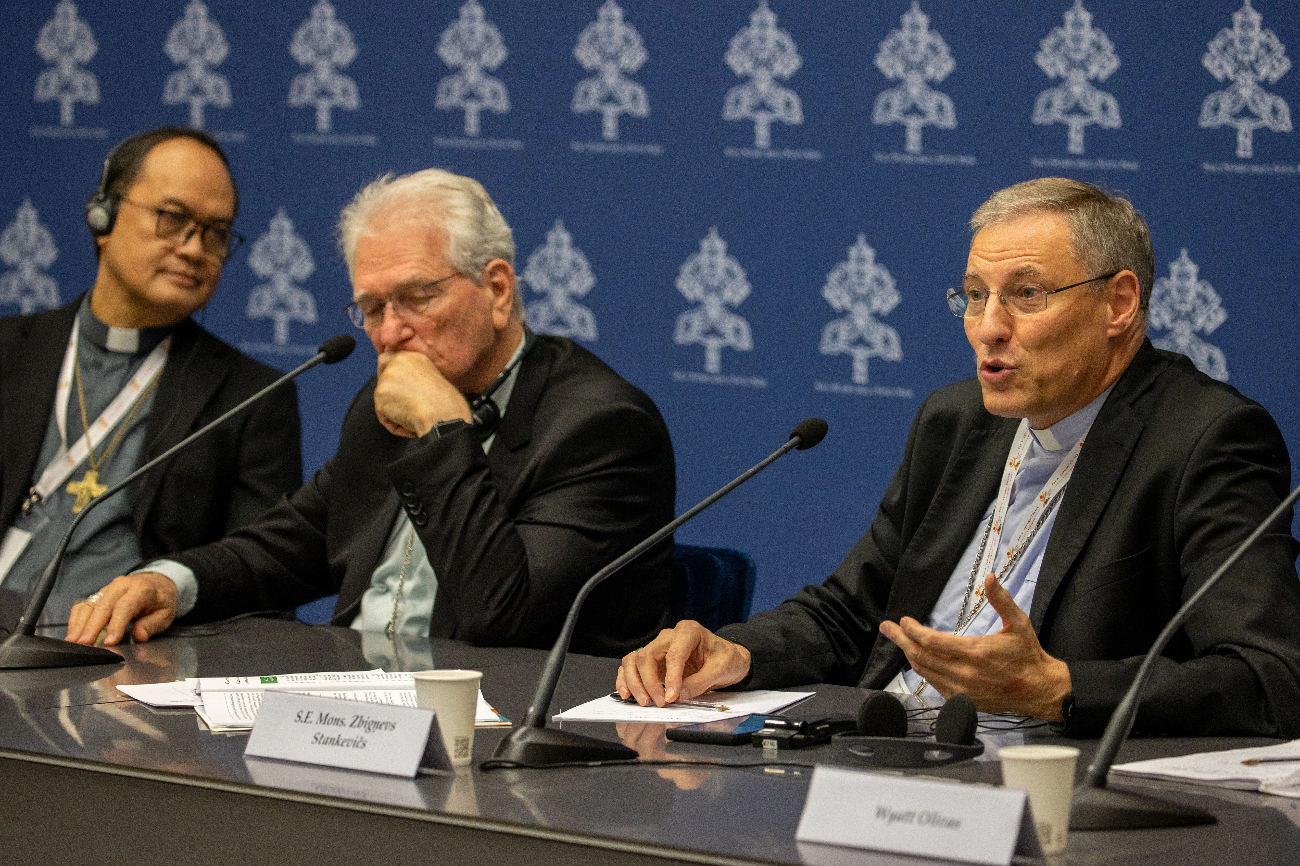 Bishop Pablo Virgilio S. David of Kalookan, Philippines (left), Cardinal Leonardo Steiner, archbishop of Manaus, Brazil (center), and Archbishop Zbigņev Stankevičs of Riga (right) all spoke at the Synod press conference on Oct. 18, 2023.?w=200&h=150