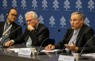 Bishop Pablo Virgilio S. David of Kalookan, Philippines (left), Cardinal Leonardo Steiner, archbishop of Manaus, Brazil (center), and Archbishop Zbigņev Stankevičs of Riga (right) all spoke at the Synod press conference on Oct. 18, 2023. Credit: Daniel Ibáñez