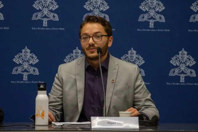 Wyatt Olivas, a university student from the United States, at a press conference on the Synod of Synodality in Rome being held in October 2023.?w=200&h=150