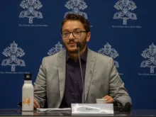 Wyatt Olivas, a university student from the United States, at a press conference on the Synod of Synodality in Rome being held in October 2023.
