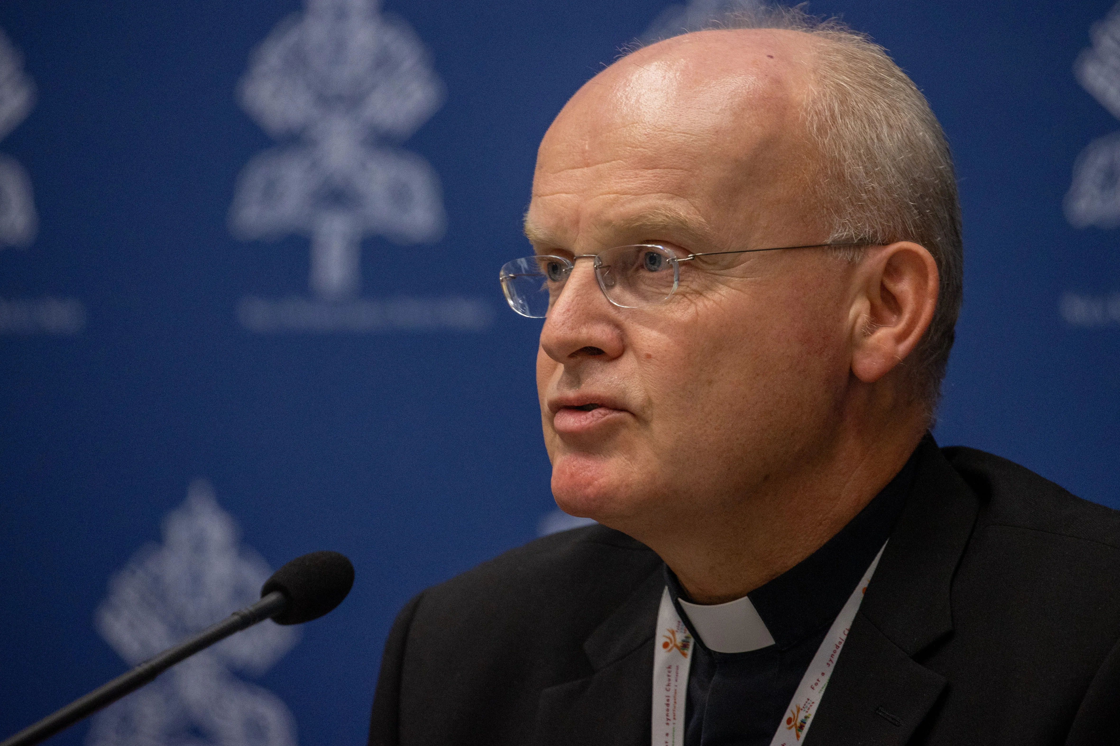 Bishop Franz-Josef Overbeck of Essen, Germany at the Synod on Synodality press briefing Oct. 21, 2023.?w=200&h=150
