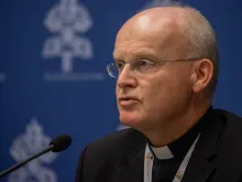 Bishop Franz-Josef Overbeck of Essen, Germany at the Synod on Synodality press briefing Oct. 21, 2023.