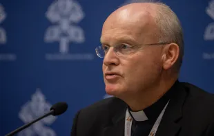 Bishop Franz-Josef Overbeck of Essen, Germany at the Synod on Synodality press briefing Oct. 21, 2023. Credit: Daniel Ibáñez