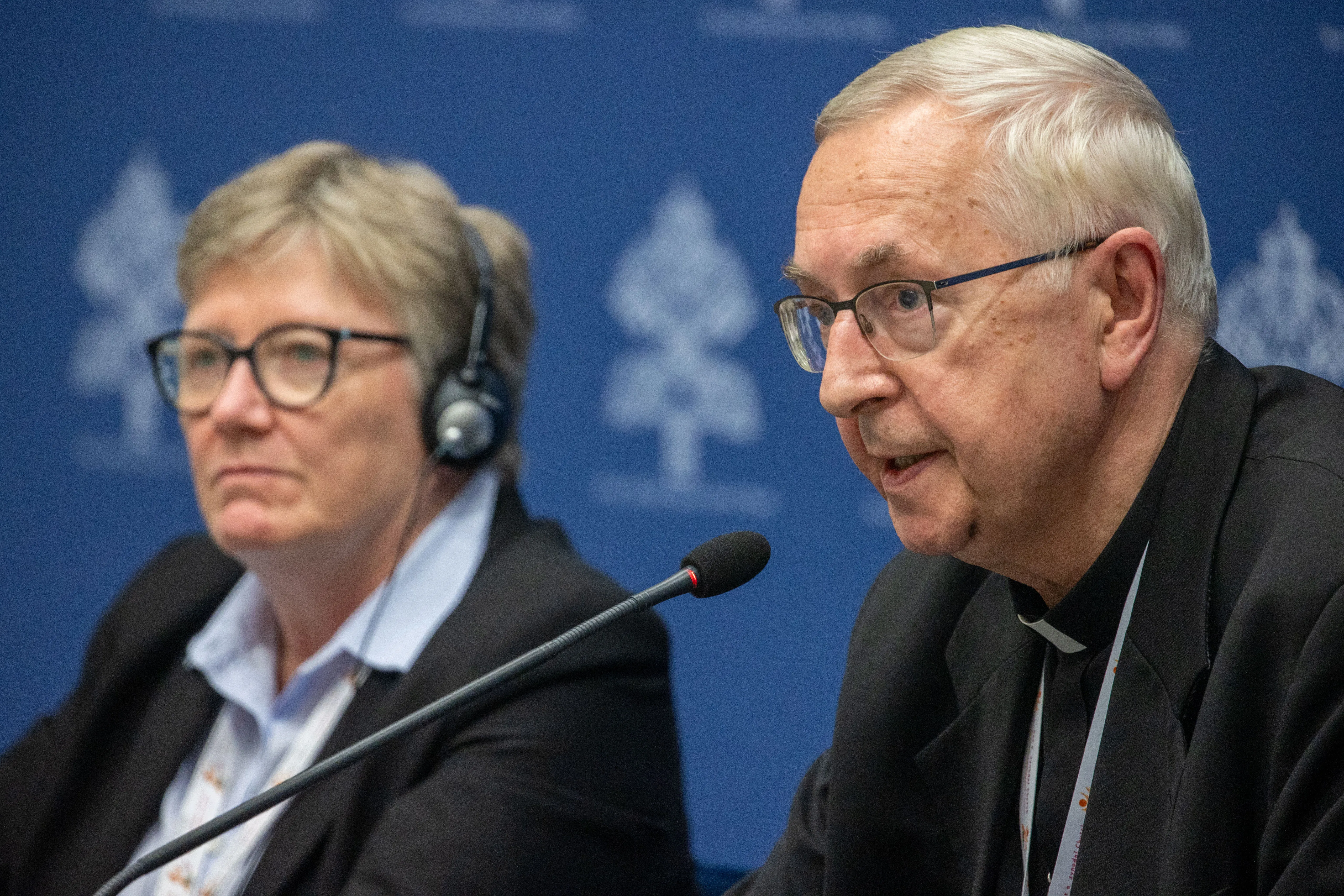 Catherine Clifford, a professor at St. Paul University in Ottawa, and Archbishop Stanisław Gadecki of Poland at the Synod on Synodality's Oct. 26, 2023, press briefing.?w=200&h=150