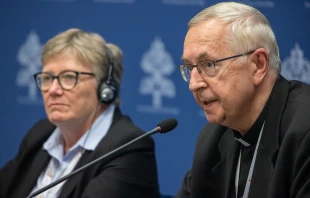 Catherine Clifford, a professor at St. Paul University in Ottawa, and Archbishop Stanisław Gadecki of Poland at the Synod on Synodality's Oct. 26, 2023, press briefing. Credit: Daniel Ibáñez/EWTN News