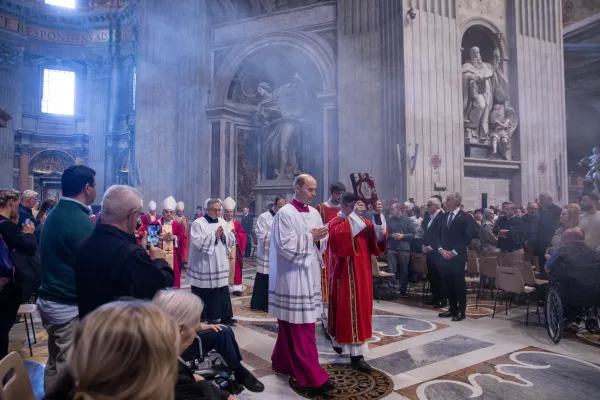 Bishops and cardinals process to the Altar of the Chair in St. Peter's Basilica for a Nov. 3, 2023, Mass with Pope Francis for the repose of the souls of Pope Benedict XVI and the cardinals and bishops who died in the past year. Credit: Daniel Ibanez/CNA